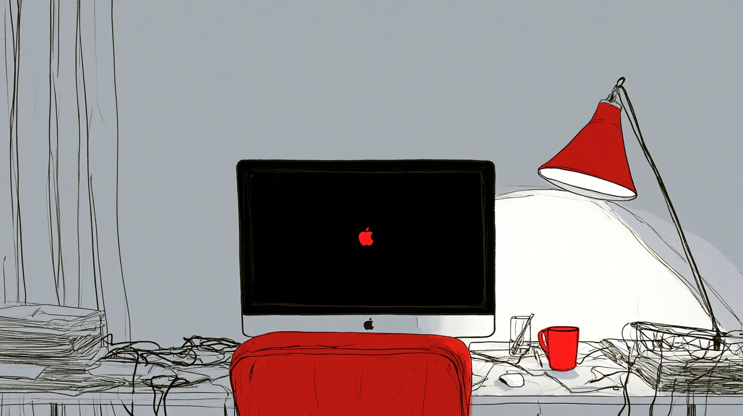 Illustration of a working desk with a monitor, red anglepoise lamp and stacked papers