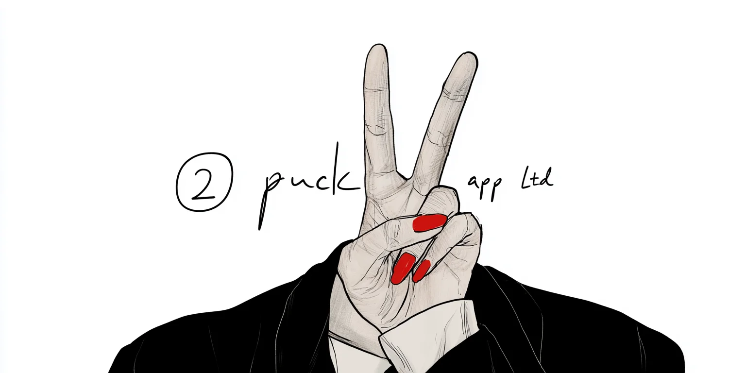 Puck App Ltd illustrated mark — a hand making a peace sign beside the handwritten studio name