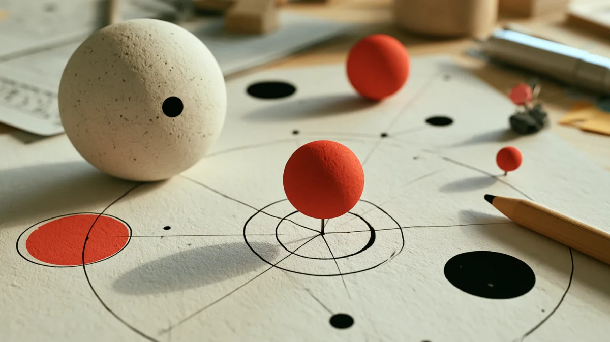 Ink diagram of orbiting spheres drawn on paper — mapping a system before writing code