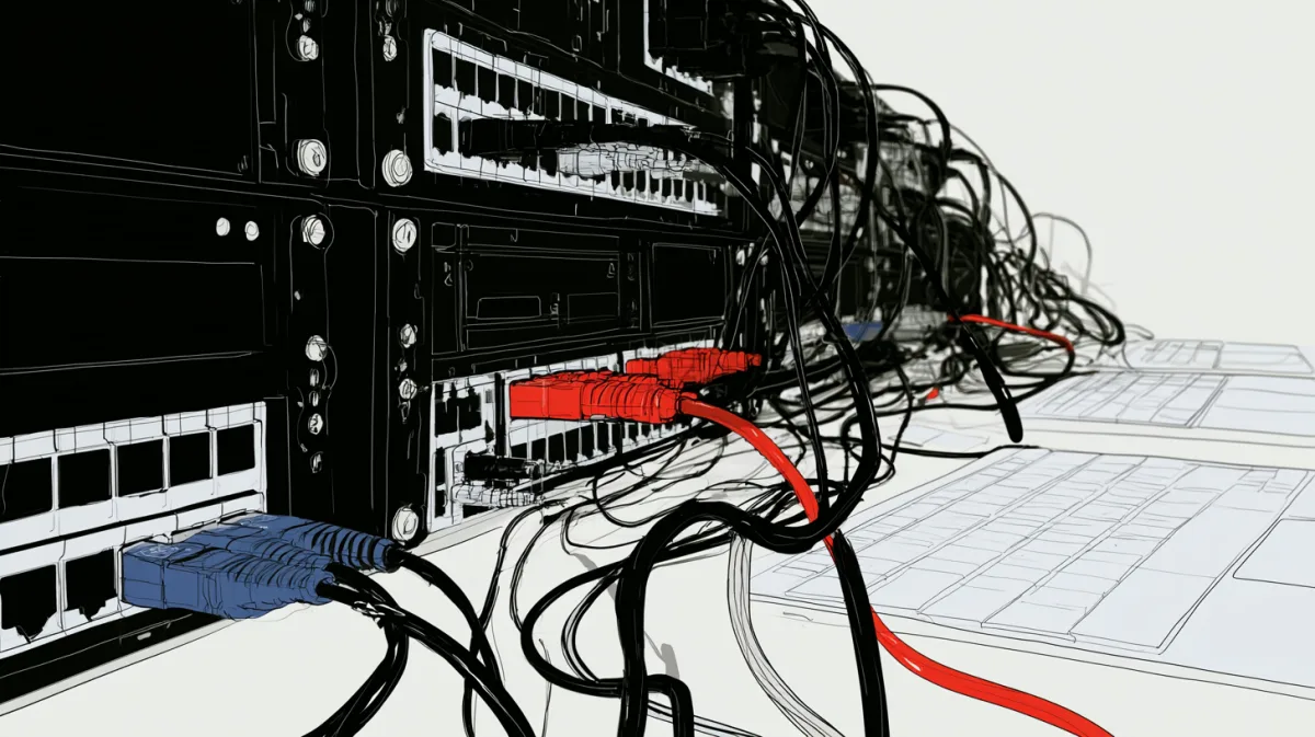 Illustration of a server rack with black and red patch cables