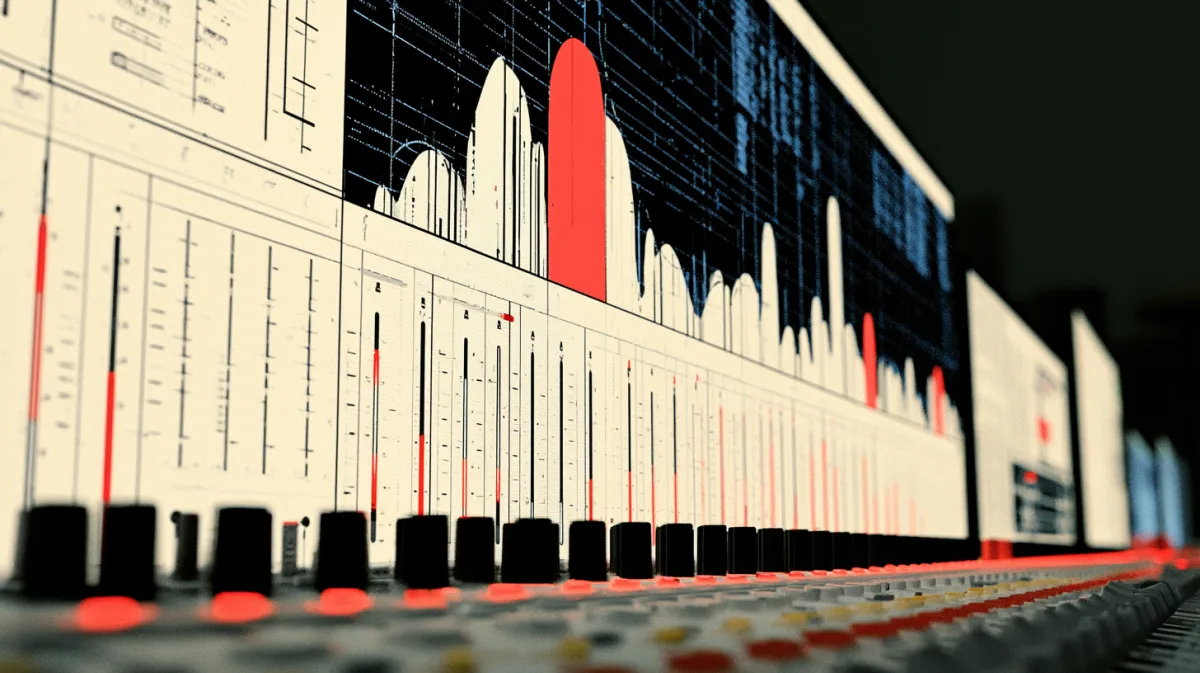 Illustration of a mixing desk of faders beside a waveform display, one channel marked in red