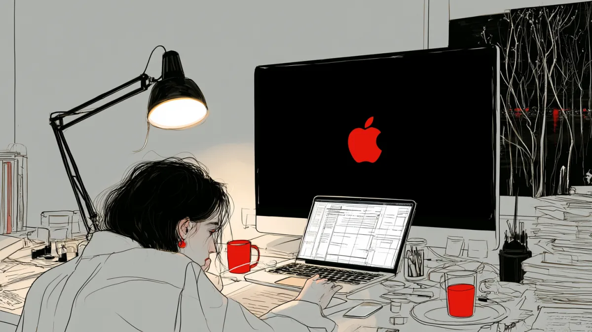 Illustration of a developer working at a desk with a laptop and monitor, red mug beside them
